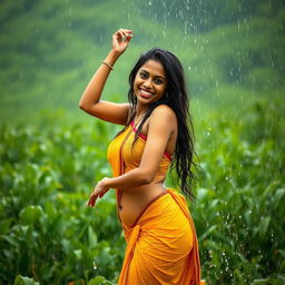 A vibrant scene featuring a Malayalee woman joyfully bathing in the rain, dressed in a traditional yet form-fitting attire that embraces the wet look