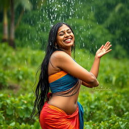 A vibrant scene featuring a Malayalee woman joyfully bathing in the rain, dressed in a traditional yet form-fitting attire that embraces the wet look