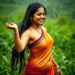 A vibrant scene featuring a Malayalee woman joyfully bathing in the rain, dressed in a traditional yet form-fitting attire that embraces the wet look