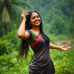 A vibrant scene featuring a Malayalee woman joyfully bathing in the rain, dressed in a traditional yet form-fitting attire that embraces the wet look