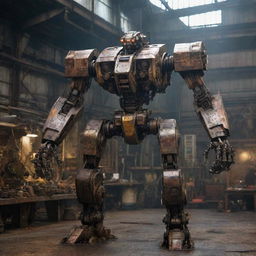 A mighty mechanicpunk mecha, crafted with exposed mechanical structures, tool-equipped appendages and oil-streaked surfaces, set against the background of a bustling, grease-stained machine shop.