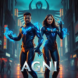 A cinematic sci-fi action superhero film poster titled 'AGNI'