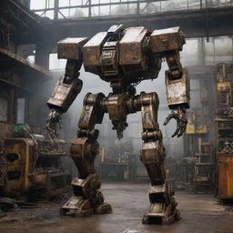 A mighty mechanicpunk mecha, crafted with exposed mechanical structures, tool-equipped appendages and oil-streaked surfaces, set against the background of a bustling, grease-stained machine shop.