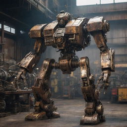 A mighty mechanicpunk mecha, crafted with exposed mechanical structures, tool-equipped appendages and oil-streaked surfaces, set against the background of a bustling, grease-stained machine shop.