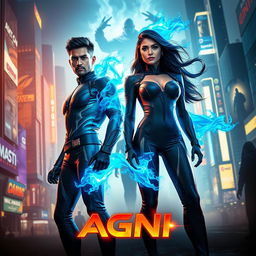 A cinematic sci-fi action superhero film poster named 'Agni', featuring a modern Indian man and woman with extraordinary blue fire-based full body burning powers