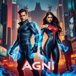 A cinematic sci-fi action superhero film poster named 'Agni', featuring a modern Indian man and woman with extraordinary blue fire-based full body burning powers