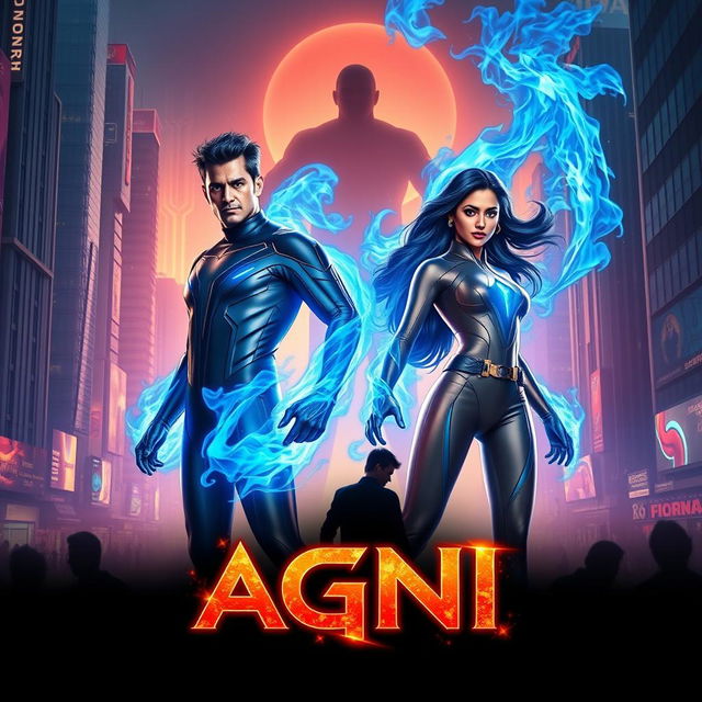 A cinematic sci-fi action superhero film poster named 'Agni', featuring a modern Indian man and woman with extraordinary blue fire-based full body burning powers