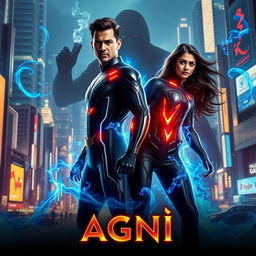 A cinematic sci-fi action superhero film poster named 'Agni', featuring a modern Indian man and woman with extraordinary blue fire-based full body burning powers