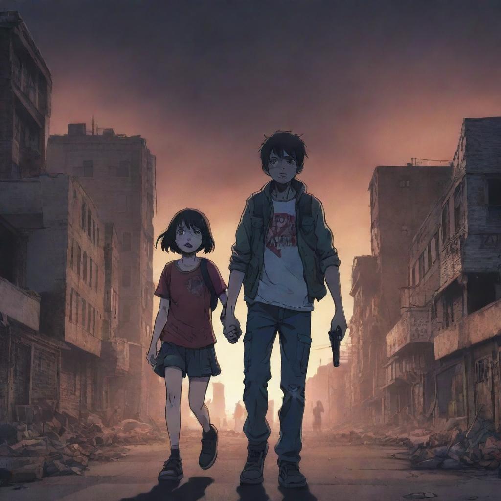 Anime style image of a determined boy and his little sister bravely facing a zombie apocalypse. Background features an eerie cityscape setting. Incorporate 'Zurvive' as the title of the scene.