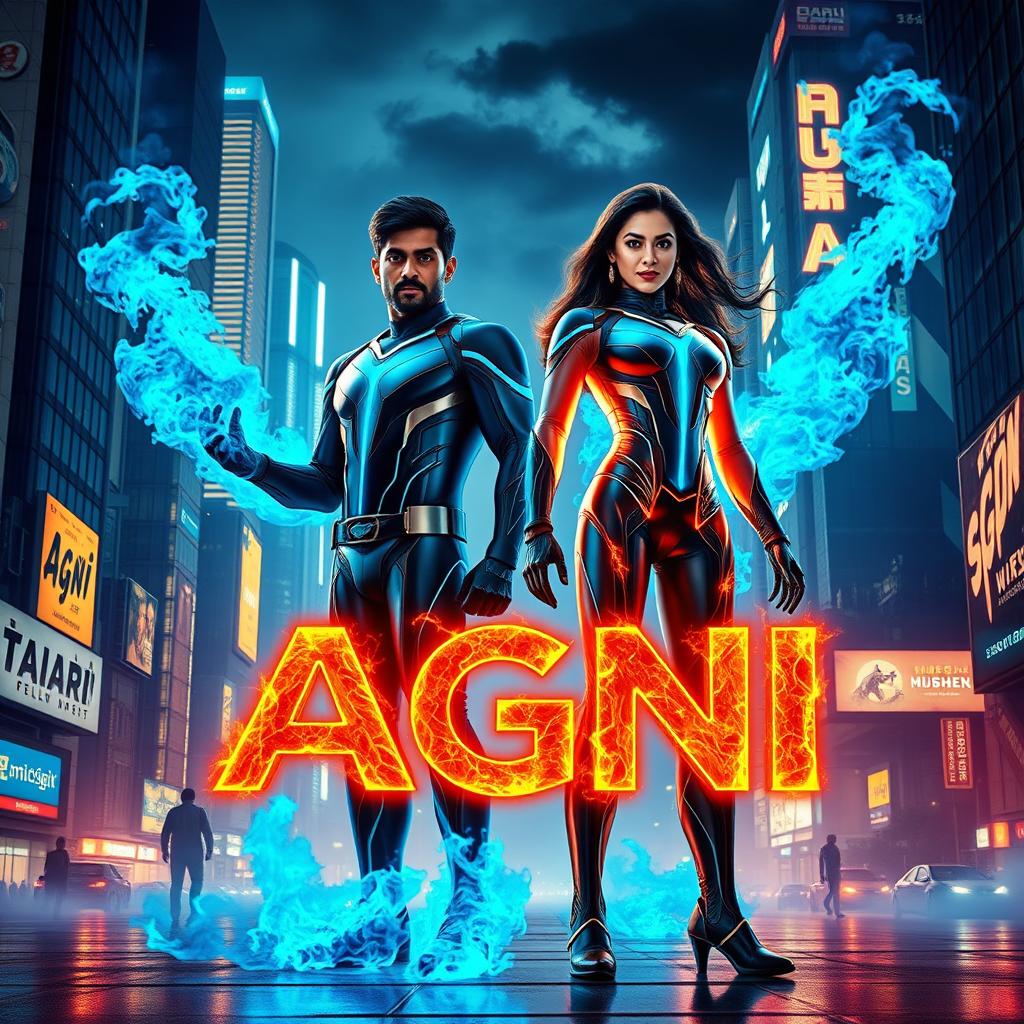 A cinematic sci-fi action superhero film poster titled 'Agni', showcasing a modern Indian man and woman discovering their extraordinary blue fire-based full body burning powers