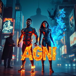 A cinematic sci-fi action superhero film poster titled 'Agni', showcasing a modern Indian man and woman discovering their extraordinary blue fire-based full body burning powers