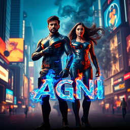 A cinematic sci-fi action superhero film poster titled 'Agni', showcasing a modern Indian man and woman discovering their extraordinary blue fire-based full body burning powers