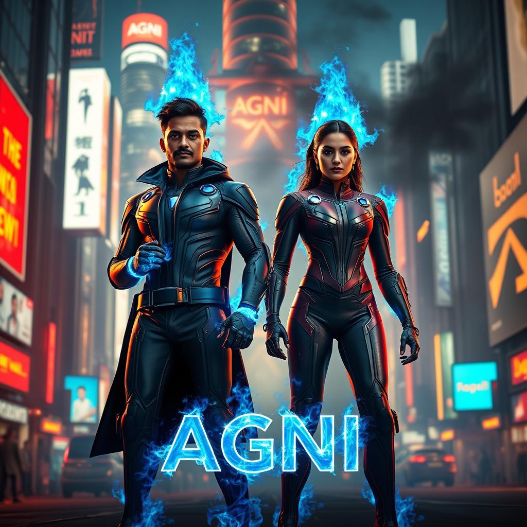 A cinematic sci-fi action superhero film poster titled 'Agni', showcasing a modern Indian man and woman discovering their extraordinary blue fire-based full body burning powers