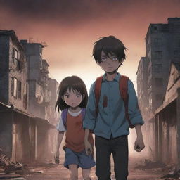 Anime style image of a determined boy and his little sister bravely facing a zombie apocalypse. Background features an eerie cityscape setting. Incorporate 'Zurvive' as the title of the scene.