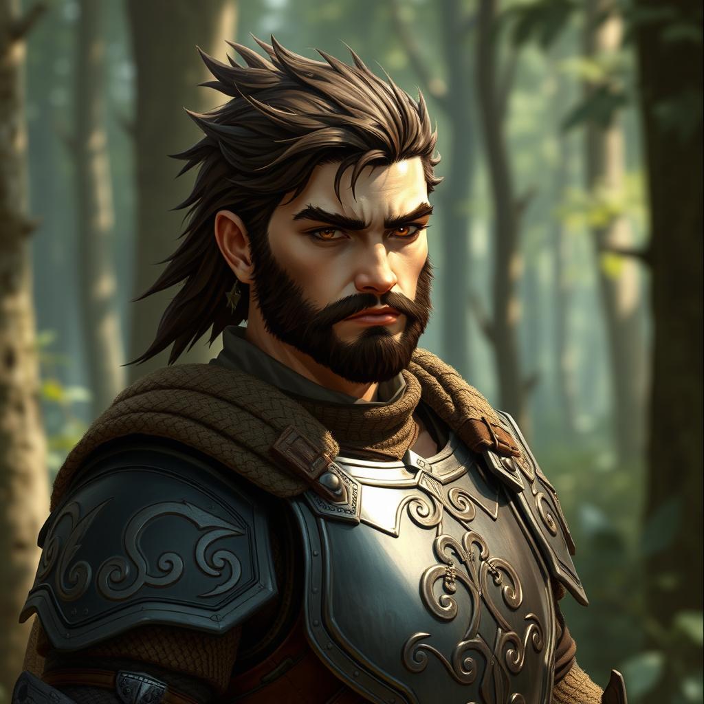 A male D&D character, standing at 180 cm with dark chestnut hair styled back