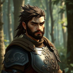 A male D&D character, standing at 180 cm with dark chestnut hair styled back