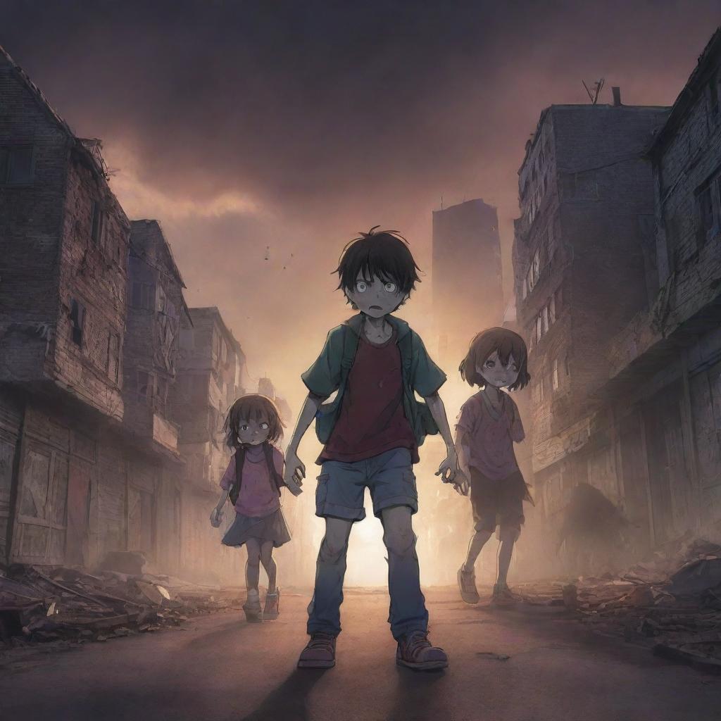 Anime style image of a determined boy and his little sister bravely facing a zombie apocalypse. Background features an eerie cityscape setting. Incorporate 'Zurvive' as the title of the scene.