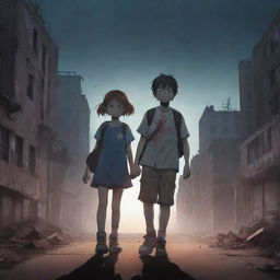 Anime style image of a determined boy and his little sister bravely facing a zombie apocalypse. Background features an eerie cityscape setting. Incorporate 'Zurvive' as the title of the scene.