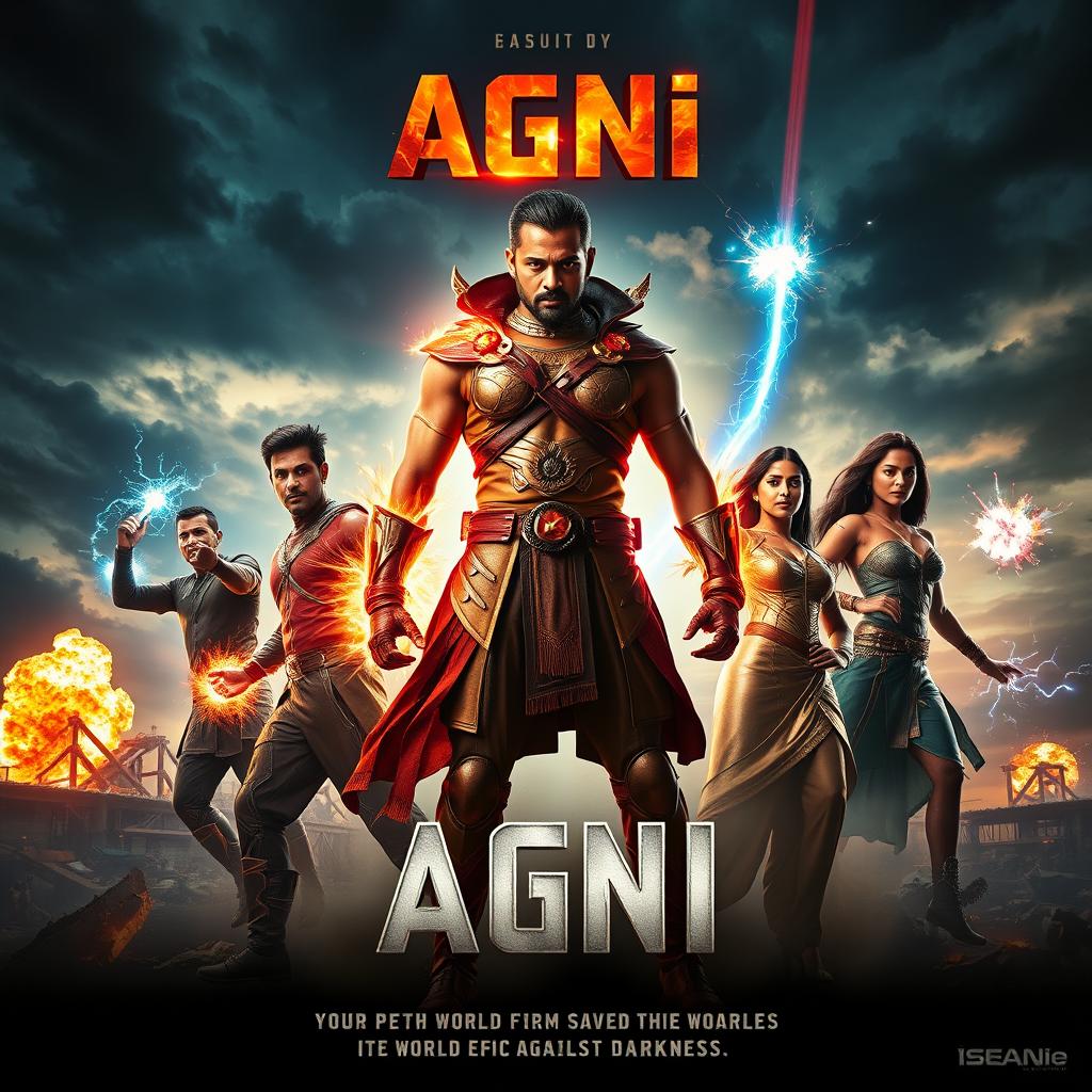 A dynamic and breathtaking cinematic sci-fi action film poster for 'AGNI', featuring a diverse group of Indian superheroes united to save the world