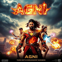 A dynamic and breathtaking cinematic sci-fi action film poster for 'AGNI', featuring a diverse group of Indian superheroes united to save the world