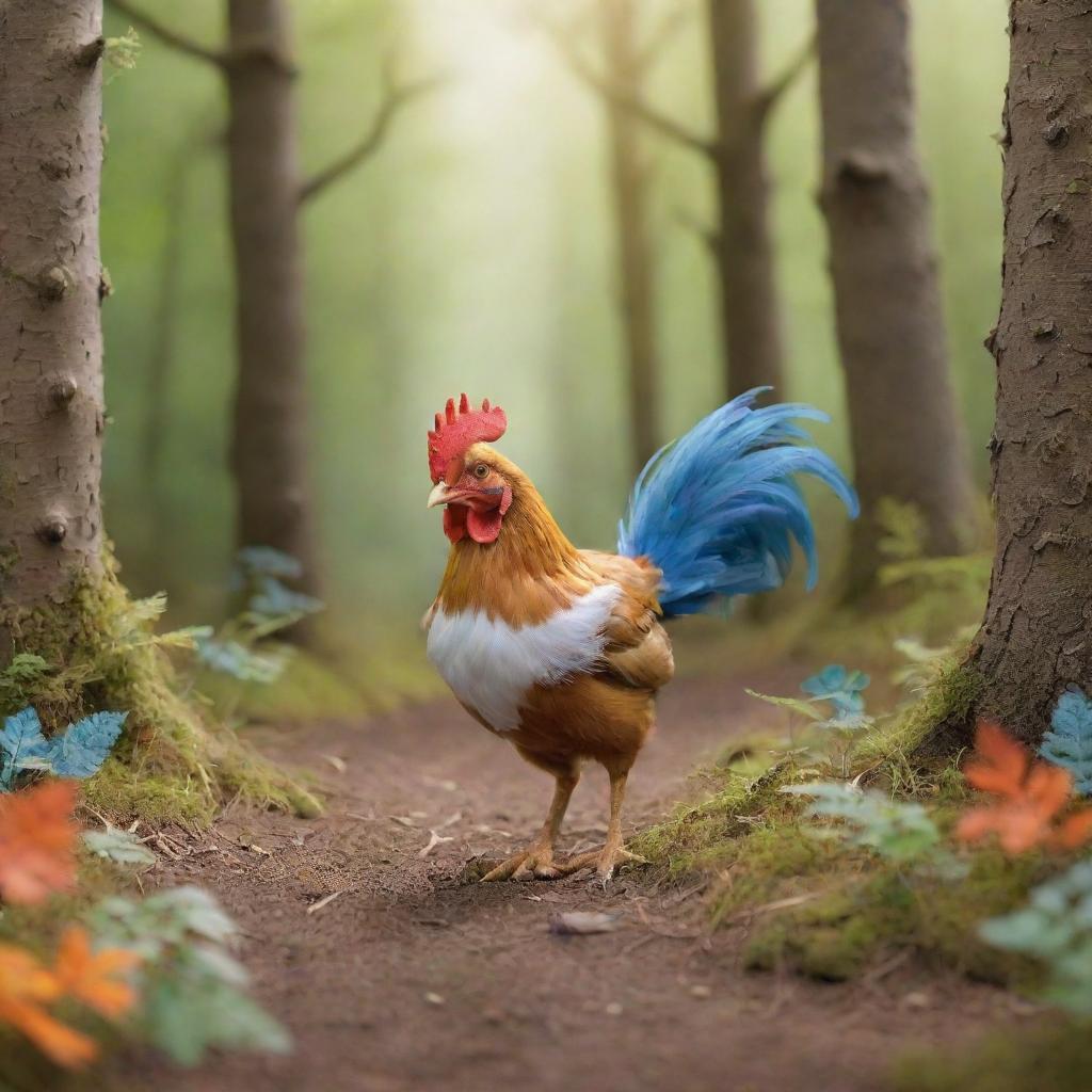 Create a whimsical scene depicting a small chicken named Pıt Pıt, renowned for its colorful feathers and joyful disposition, embarking on an adventurous journey with a lost fox it befriended in a woodland setting. They triumph over obstacles together, growing their bond.