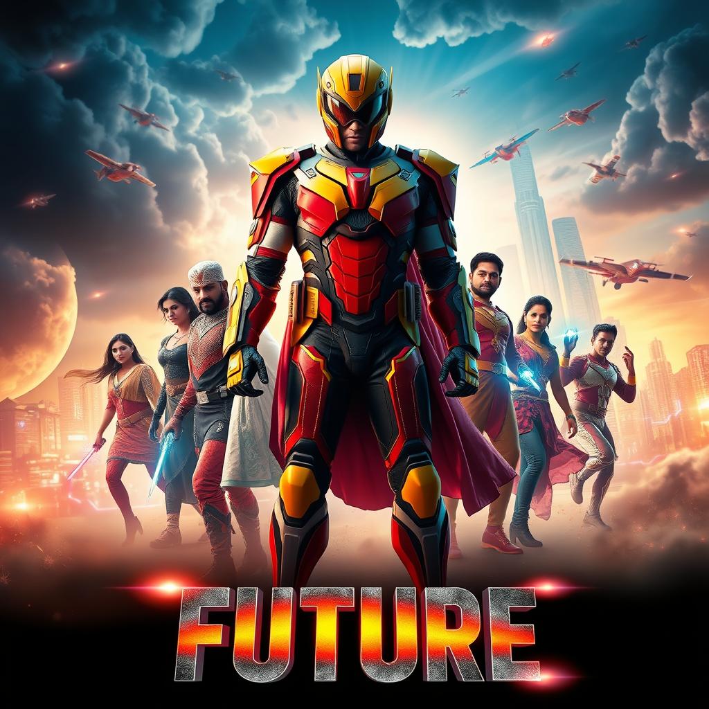 A cinematic sci-fi action film poster titled 'Future', showcasing a diverse team of Indian superheroes united to save the world