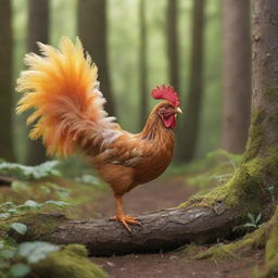 Create a whimsical scene depicting a small chicken named Pıt Pıt, renowned for its colorful feathers and joyful disposition, embarking on an adventurous journey with a lost fox it befriended in a woodland setting. They triumph over obstacles together, growing their bond.