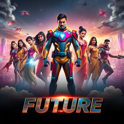 A cinematic sci-fi action film poster titled 'Future', showcasing a diverse team of Indian superheroes united to save the world