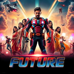 A cinematic sci-fi action film poster titled 'Future', showcasing a diverse team of Indian superheroes united to save the world