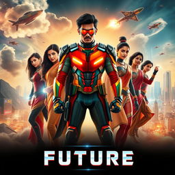 A cinematic sci-fi action film poster titled 'Future', showcasing a diverse team of Indian superheroes united to save the world