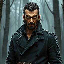 A male D&D character, standing at 180 cm with dark chestnut hair slicked back