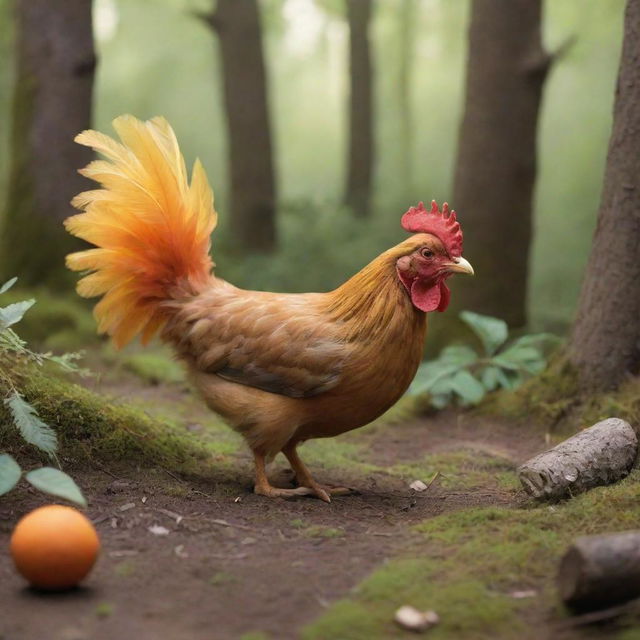 Create a whimsical scene depicting a small chicken named Pıt Pıt, renowned for its colorful feathers and joyful disposition, embarking on an adventurous journey with a lost fox it befriended in a woodland setting. They triumph over obstacles together, growing their bond.