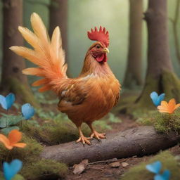 Create a whimsical scene depicting a small chicken named Pıt Pıt, renowned for its colorful feathers and joyful disposition, embarking on an adventurous journey with a lost fox it befriended in a woodland setting. They triumph over obstacles together, growing their bond.