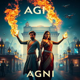 A cinematic sci-fi action superhero film poster titled 'AGNI', featuring a heroic man and woman standing in the foreground