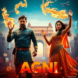 A cinematic sci-fi action superhero film poster titled 'AGNI', featuring a heroic man and woman standing in the foreground