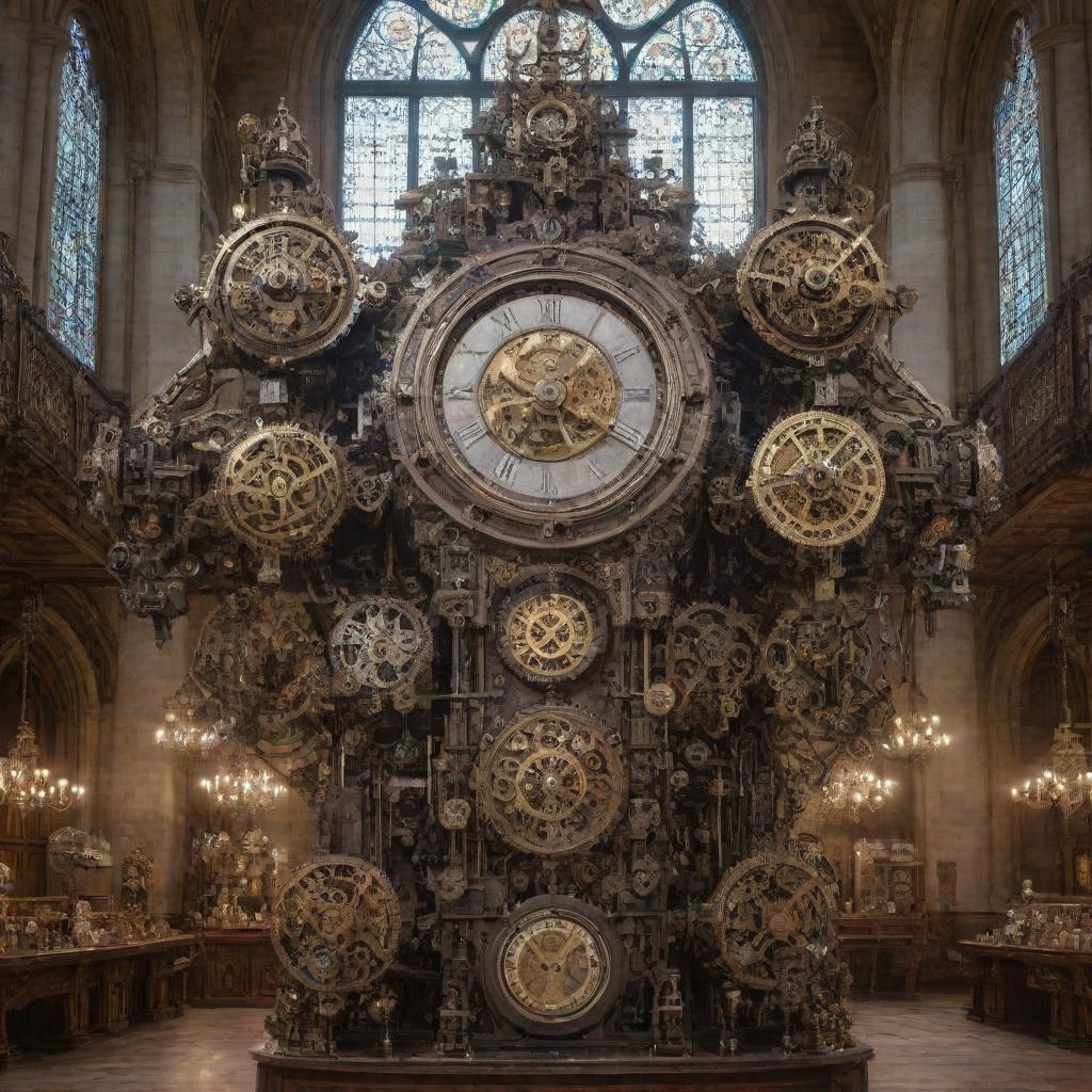 An intricate clockpunk mecha, adorned with meticulously crafted gears and pendulums, driven by complex clockwork mechanisms, set against the backdrop of a grand cathedral-like workshop filled with ticking timepieces.