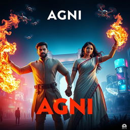 A cinematic sci-fi action superhero film poster titled 'AGNI', featuring a heroic man and woman standing in the foreground