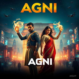 A cinematic sci-fi action superhero film poster titled 'AGNI', featuring a heroic man and woman standing in the foreground