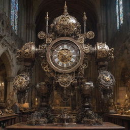 An intricate clockpunk mecha, adorned with meticulously crafted gears and pendulums, driven by complex clockwork mechanisms, set against the backdrop of a grand cathedral-like workshop filled with ticking timepieces.