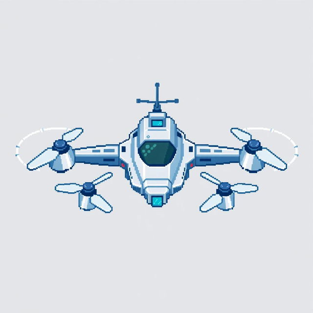 A pixel art style reconnaissance drone, designed in a color palette of light gray and blue