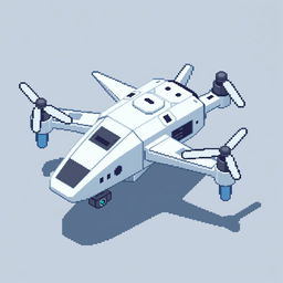 A pixel art style reconnaissance drone, designed in a color palette of light gray and blue