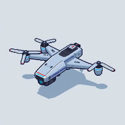 A pixel art style reconnaissance drone, designed in a color palette of light gray and blue