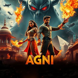 A cinematic sci-fi action superhero film poster titled 'AGNI', set in a vibrant, technologically advanced India