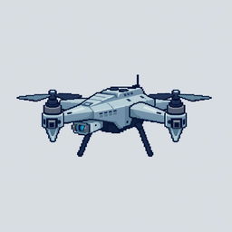 A pixel art style reconnaissance drone, designed in a color palette of light gray and blue