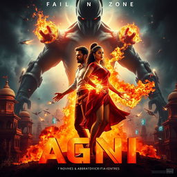 A cinematic sci-fi action superhero film poster titled 'AGNI', set in a vibrant, technologically advanced India