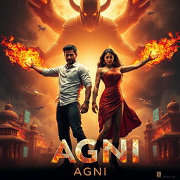 A cinematic sci-fi action superhero film poster titled 'AGNI', set in a vibrant, technologically advanced India