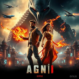 A cinematic sci-fi action superhero film poster titled 'AGNI', set in a vibrant, technologically advanced India