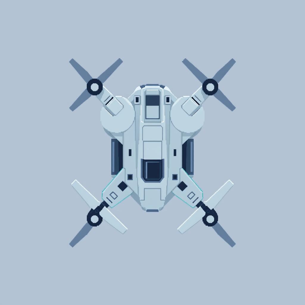 A top-down view of a reconnaissance drone in pixel art style, featuring a color palette of light gray and blue