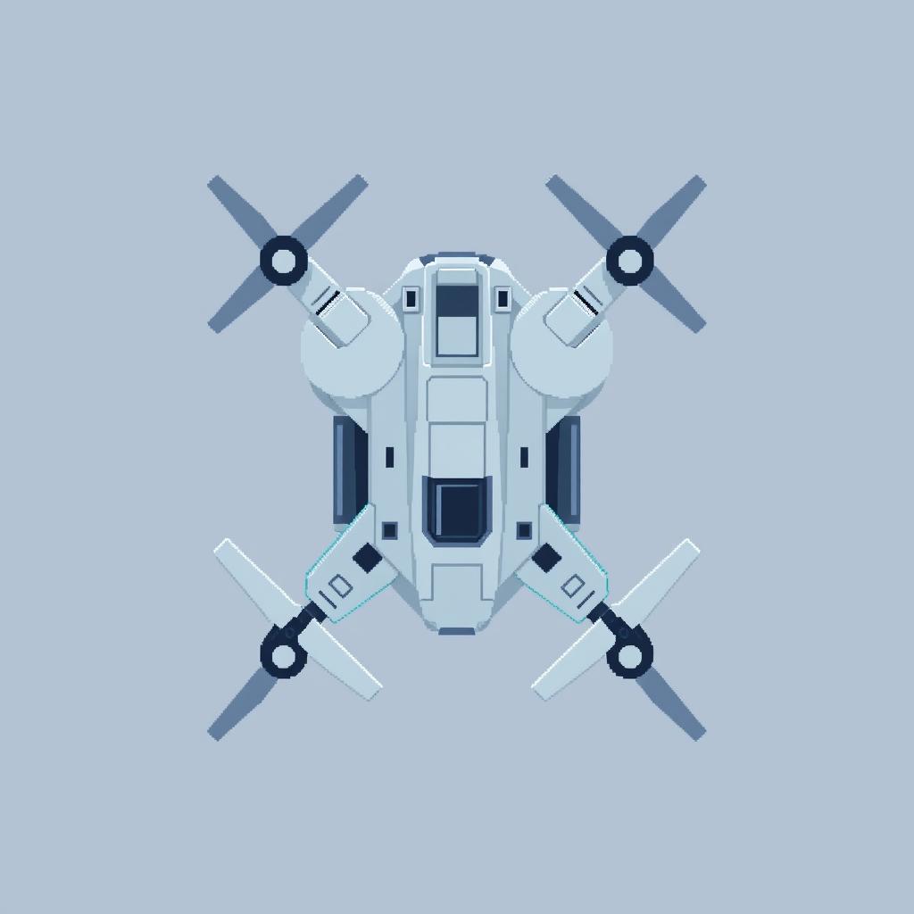 A top-down view of a reconnaissance drone in pixel art style, featuring a color palette of light gray and blue