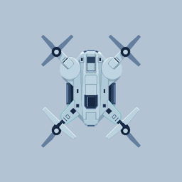 A top-down view of a reconnaissance drone in pixel art style, featuring a color palette of light gray and blue